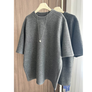 冬季加厚短袖宽松大版半袖上衣磨毛T恤女灰色胖MM打底衫女士体恤