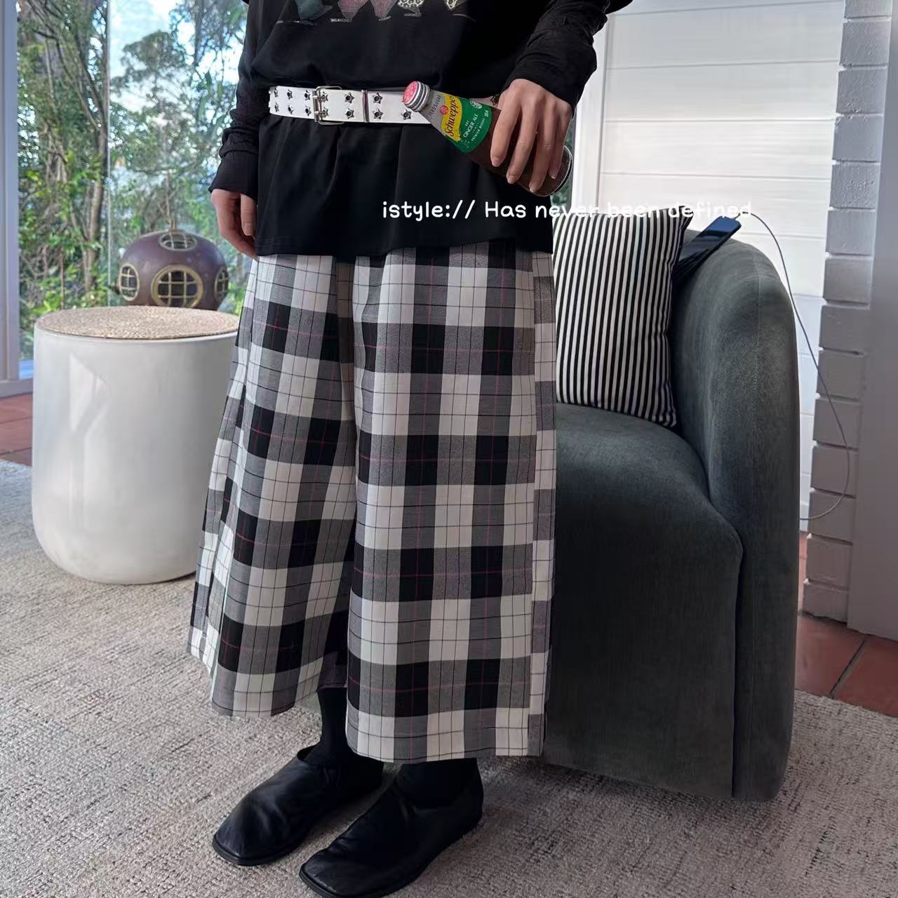 istyle韩系2025秋季新款港味格子休闲裤百搭减龄阔腿直筒九分裤女