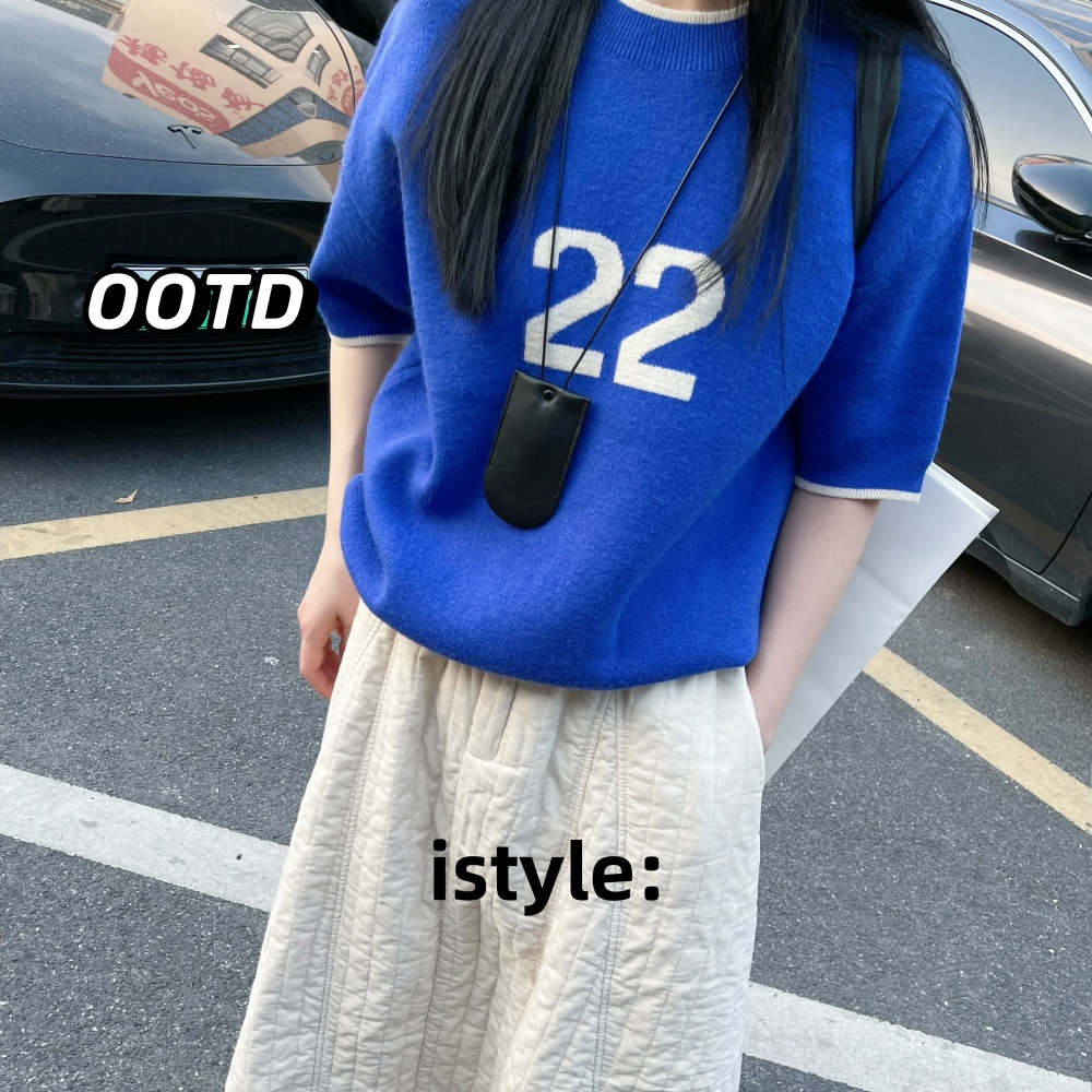 韩版istyle春季2024短袖圆领复合针织衫数字22小个叠穿百搭毛衣女