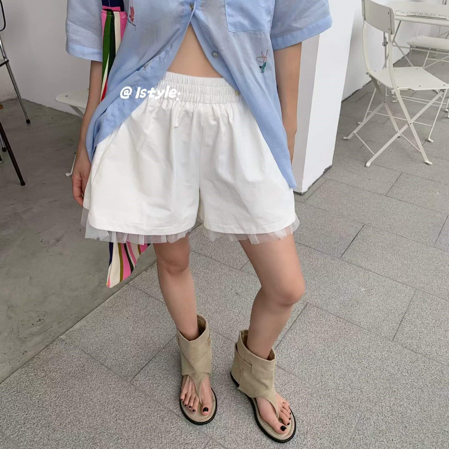 istyle夏季韩版高级感拼接蕾丝短裤女宽松显瘦小个子蓬蓬阔腿裤