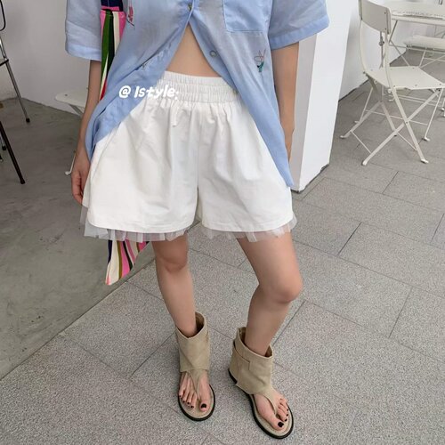 istyle夏季韩版高级感拼接蕾丝短裤女宽松显瘦小个子蓬蓬阔腿裤