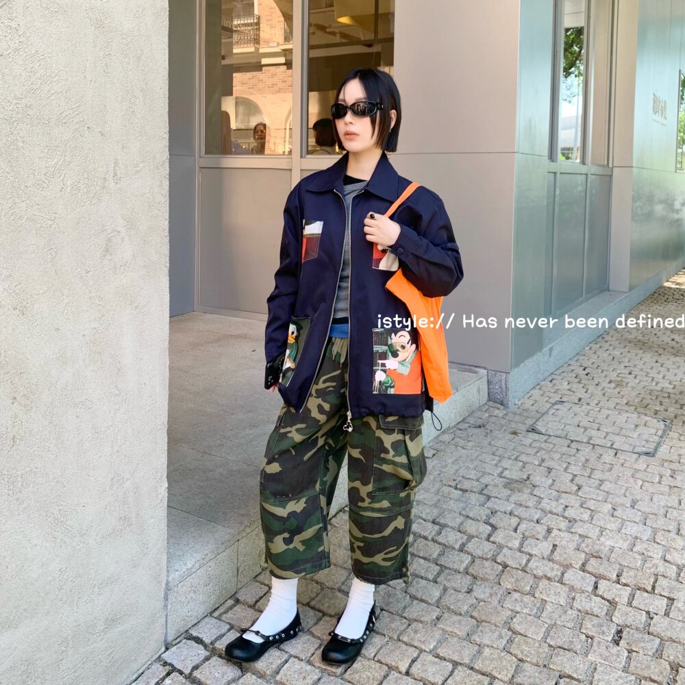 istyle韩版2026春季经典迷彩工装直筒休闲裤宽松口袋阔腿七分裤女