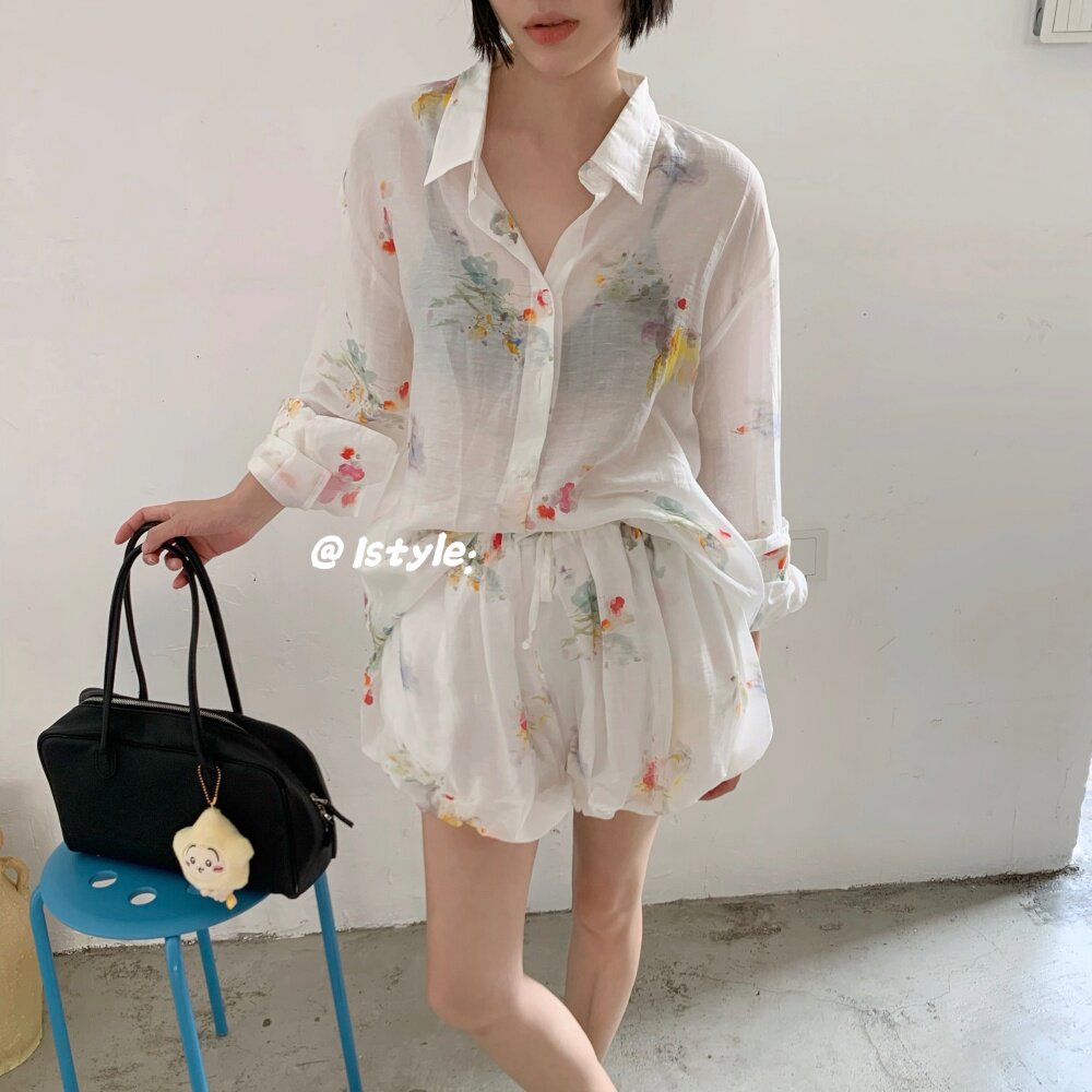 韩版istyle夏季新款套装花卉印花防晒衬衣薄款微透花苞短裤两件套