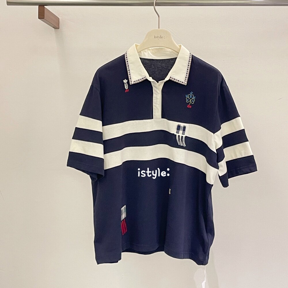 2026春季韩版istyle学院风复古条纹刺绣短袖POLO衫女撞色拼接上衣