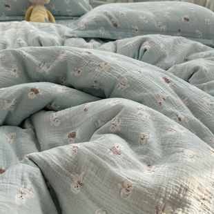 可爱棉花狗!A类母婴级纯棉双层皱皱纱卡通床单松软亲肤四件套床品