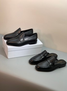 2025年早春新款方头低跟头层牛皮黑色英伦风高级极简半托鞋乐福鞋