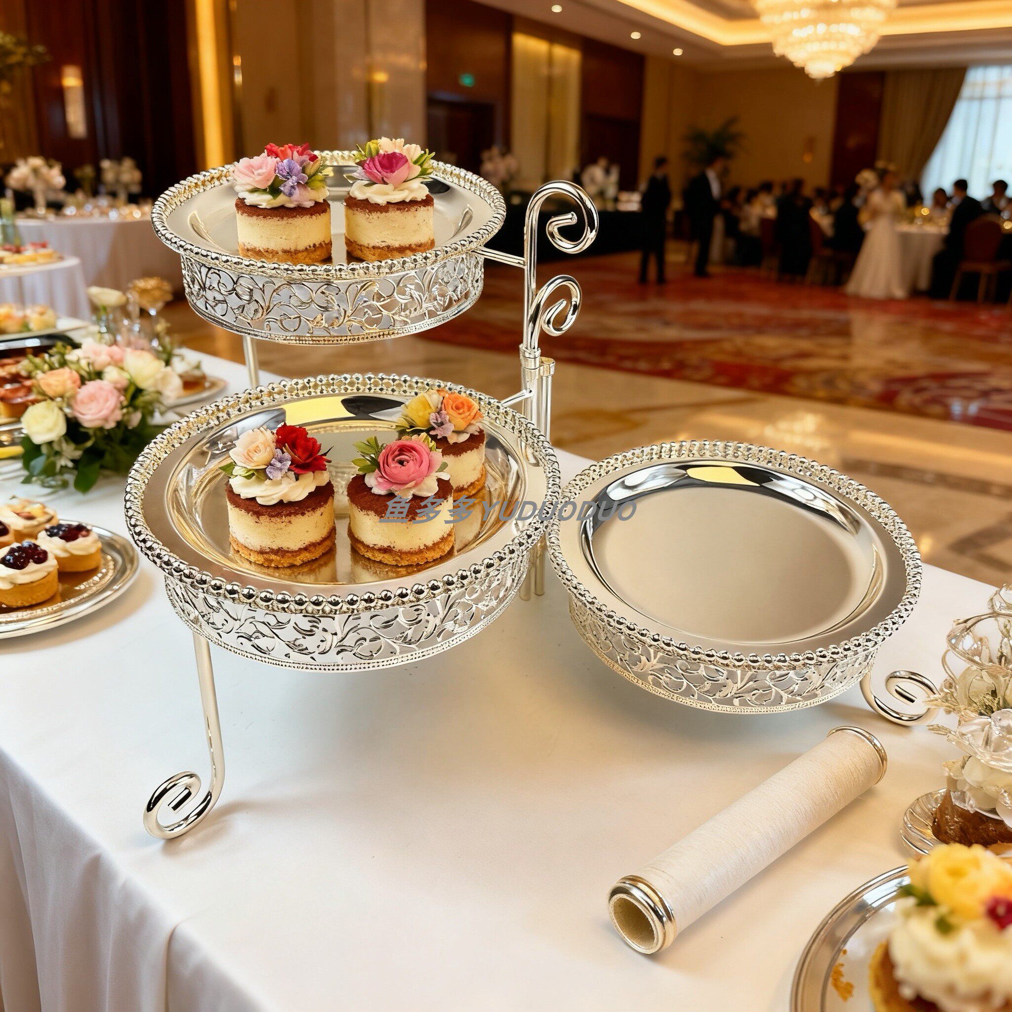 镀银三层旋转蛋糕架 多层下午茶点心架 婚庆西点盘烘培甜品台道具