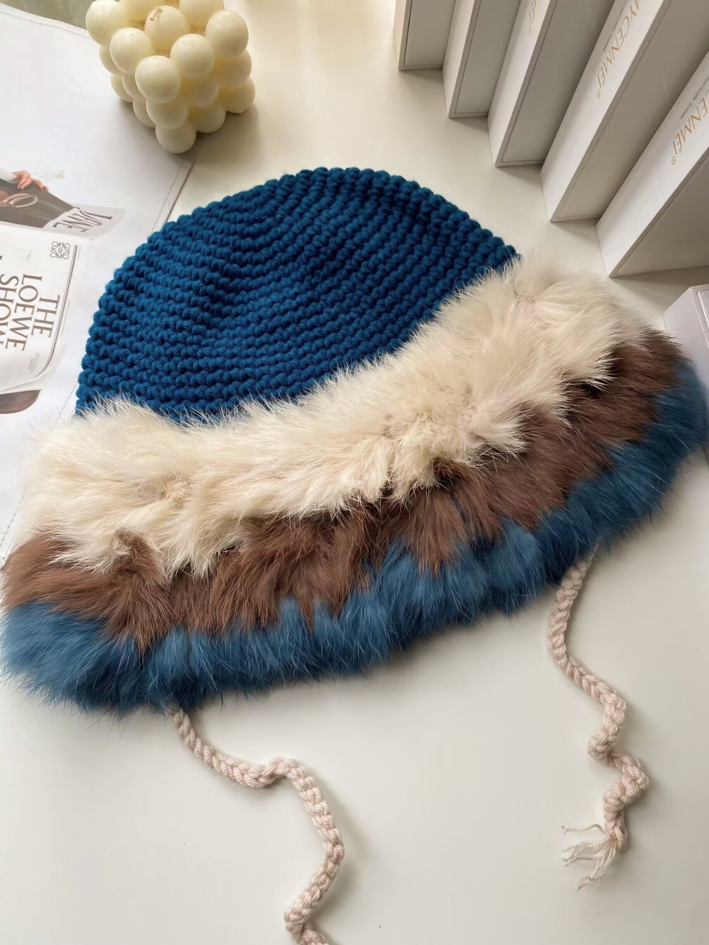 兔毛毛绒帽子女秋冬季显脸小韩版绑带渔夫帽毛线帽保暖护耳雷锋帽