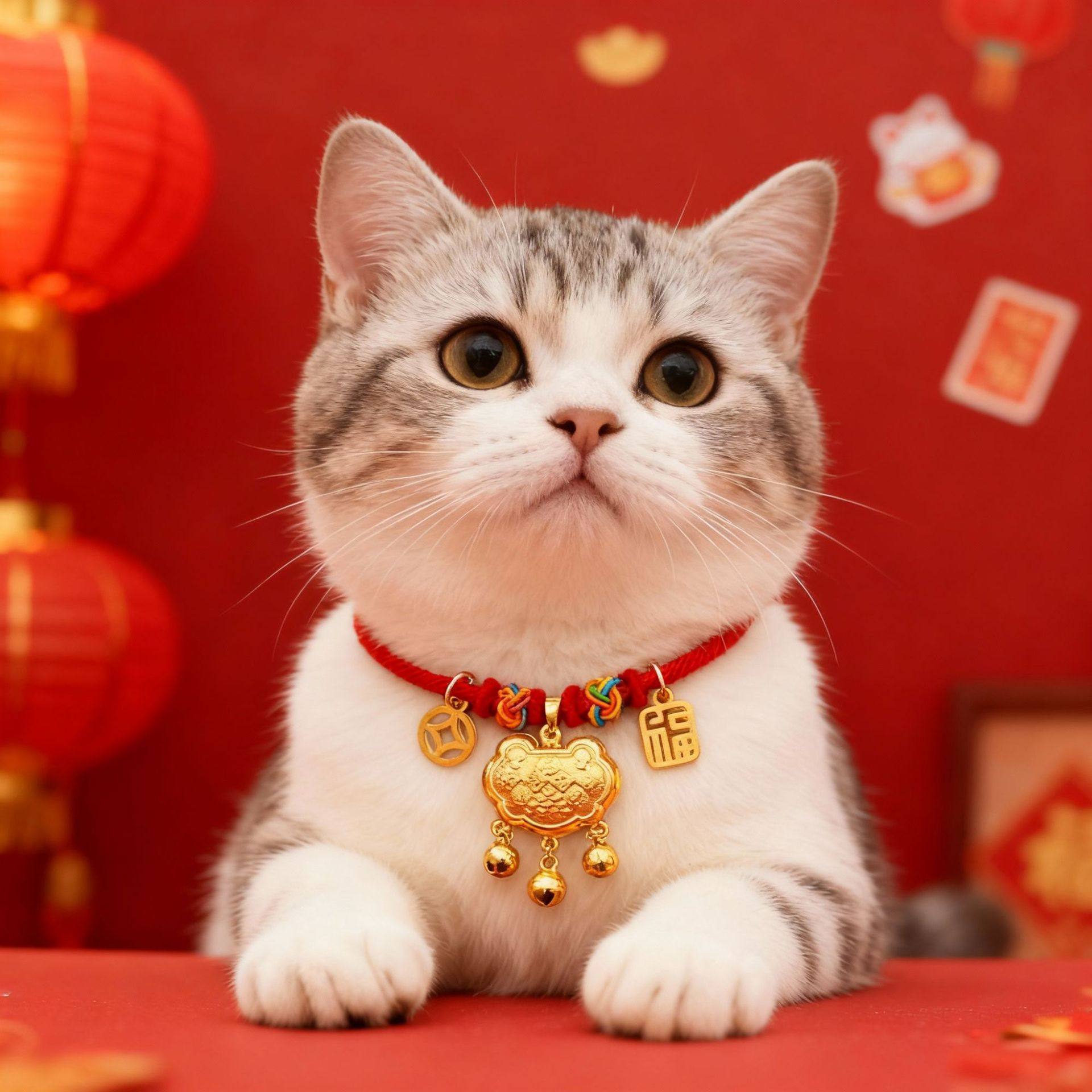 宠物新年保色长命锁项圈春节猫咪狗金色项链红色装饰品铃铛平安锁
