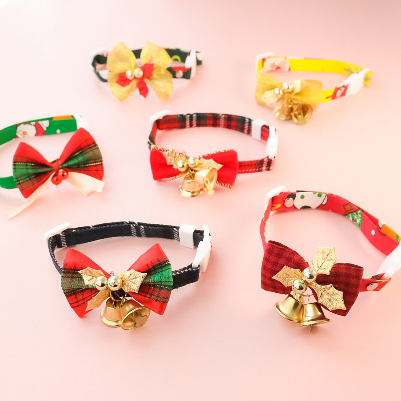 圣诞领结宠物项圈金色格子蝴蝶结小猫咪狗铃铛安全扣饰品泰迪比熊