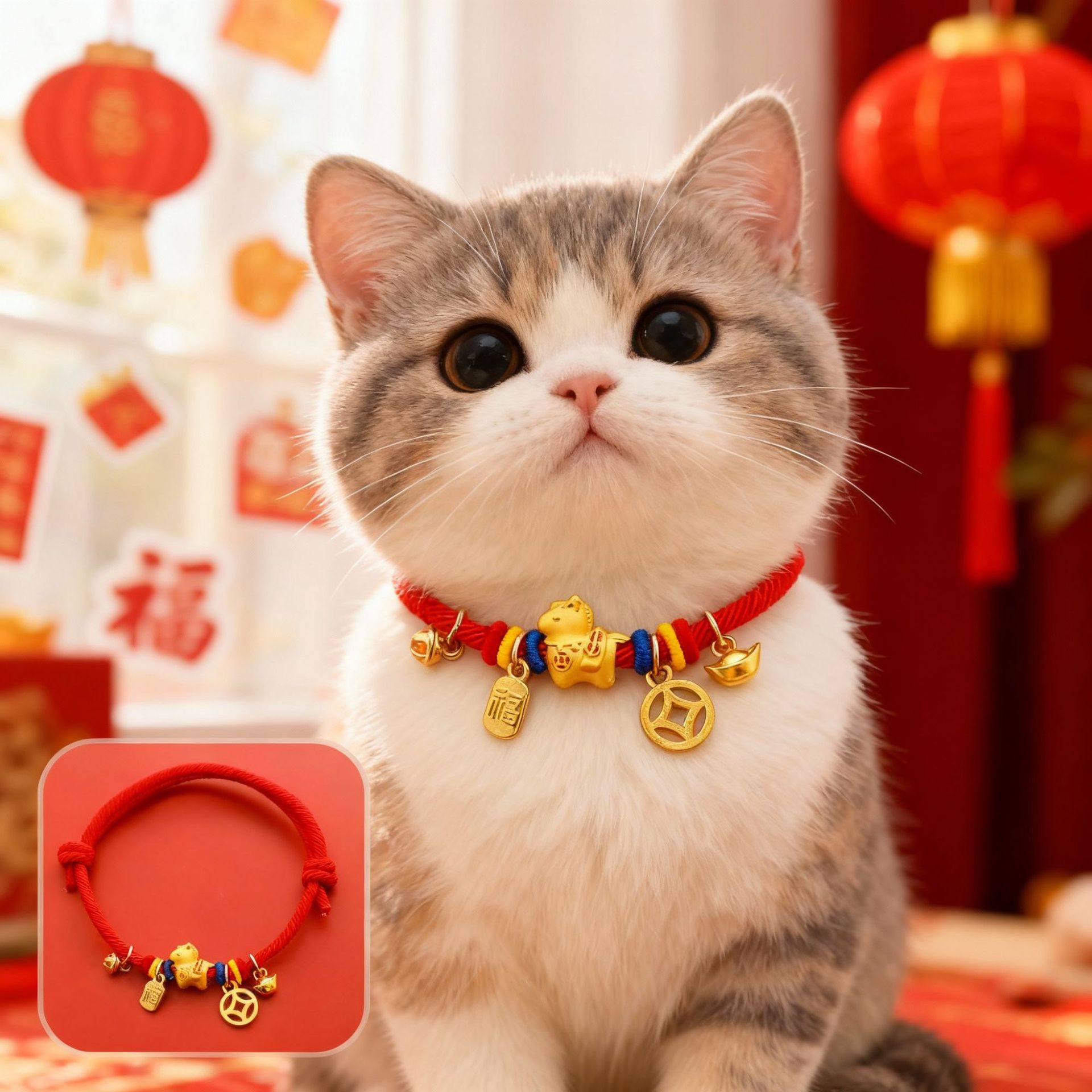 宠物2026马年沙金新年项圈春节猫咪狗金色项链红色装饰品无声招财