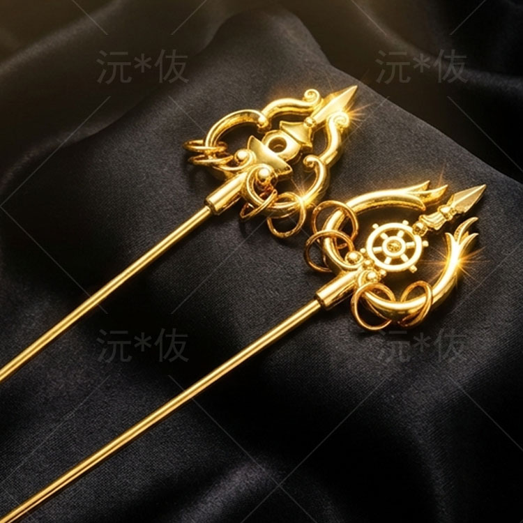 千手观音法器法轮锡杖一对镀金合金材质神像配套法家居装饰摆件