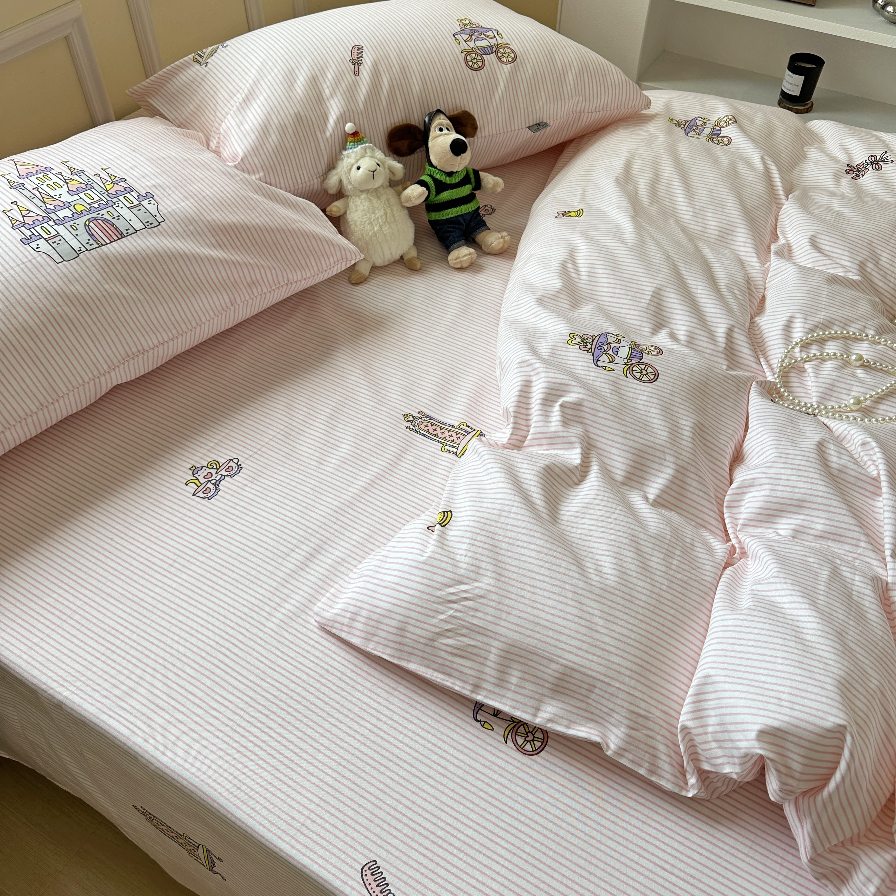 城堡条纹纯棉床单被套单件全棉宿舍四件套枕套1.5被罩床笠1.8床单