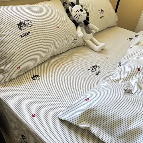 条纹猫咪纯棉学生宿舍三四件套全棉床单被套单人床品套件卡通图案
