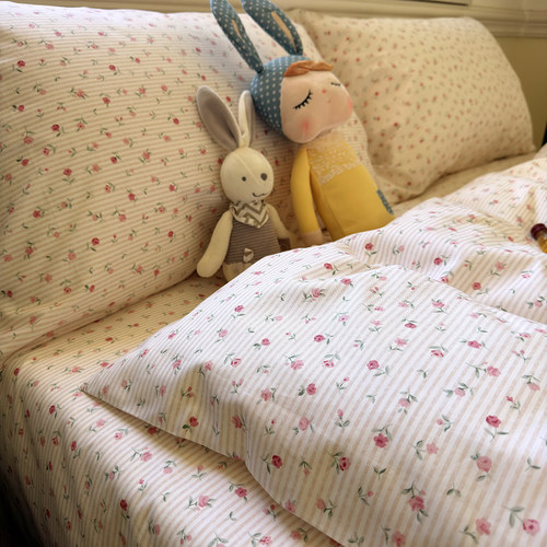 暖语玫瑰床单日系碎花纯棉被套枕套全棉被罩床笠枕套斜纹配四件套