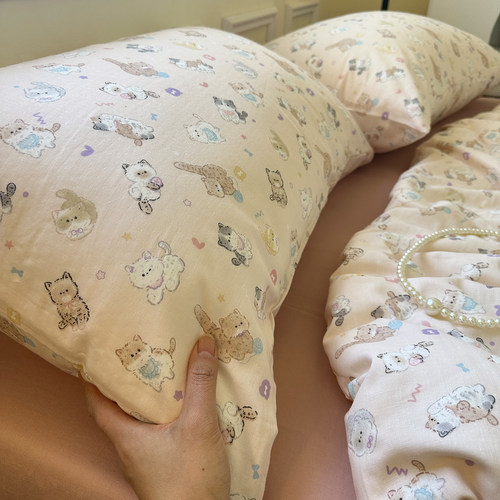 小奶猫A类全棉有氧双层纱枕套单人枕头48x74cm纯棉枕芯套枕头套