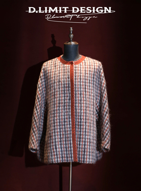 马海毛绵羊毛撞色门襟复古格纹落肩大衣DLOB653