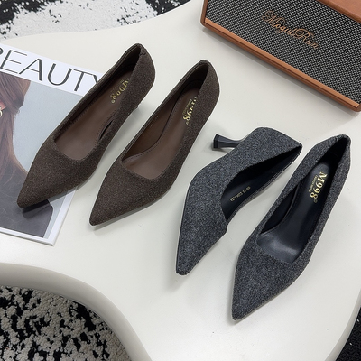 9-75气质高跟鞋秋季新款性感尖头细跟职业通勤工作鞋呢绒浅口单鞋