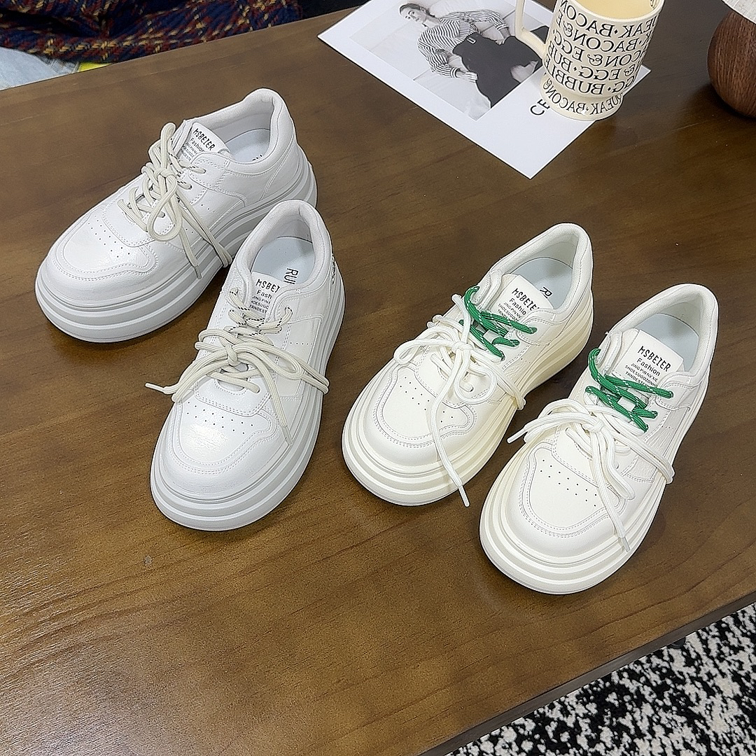 真皮厚底小白鞋女2025春季新款小个子5cm增高休闲系带松糕鞋板鞋