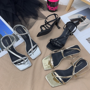 简约时尚 2024夏季 女一字带夹脚凉鞋 欧美风方头细跟高跟鞋 6cm 新款