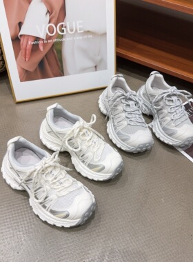 9666-13夏季新品女真皮拼接网面厚底老爹鞋系带休闲鞋韩版增高5cm