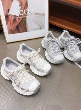 9666-13夏季新品女真皮拼接网面厚底老爹鞋系带休闲鞋韩版增高5cm