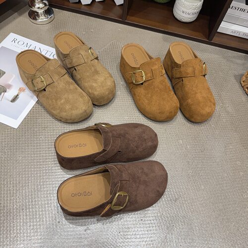 F0087秋季新品女绒面圆头一字带魔术贴包头勃肯拖鞋简约增高6.5cm