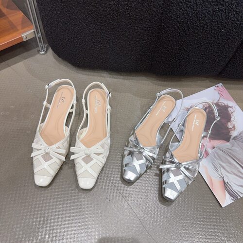 92-33夏季新品女皮面拼接网纱包头凉鞋蝴蝶结低跟方头时尚韩版潮