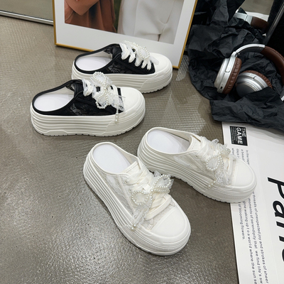 21-8128夏季新品女厚底网面珍珠一脚蹬拖鞋时尚简约潮流休闲凉拖