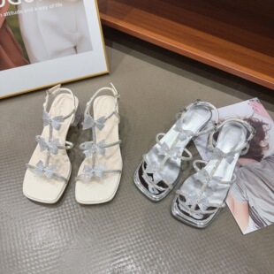 20-5夏季新品女水晶粗跟一字带水钻凉鞋时尚韩版小众设计款高5cm