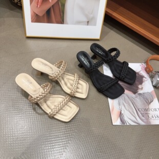 77-32夏季新品女编织粗跟方头拖鞋时尚韩版网红同款凉拖鞋增高5cm