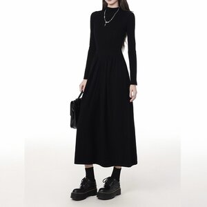黑色半高领长袖连衣裙女2025秋冬新款小个子收腰显瘦修身中长款裙