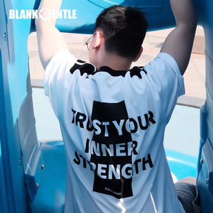 BlankGentle夏季新款运动休闲字母印花全棉T恤多色条纹撞色