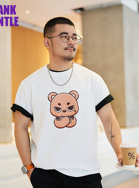 BlankGentle小熊印花白色圆领宽松短袖纯棉T恤大码男生休闲美式