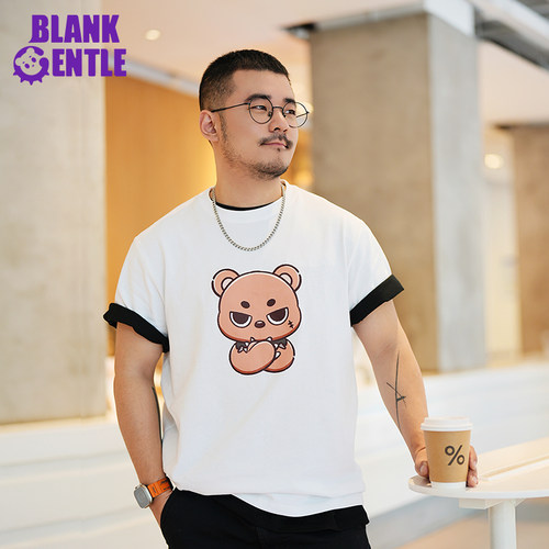 【闭店清仓】BlankGentle小熊印花白色圆领宽松短袖纯棉T恤