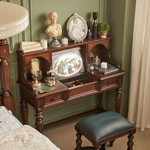 美式新古典金丝柚木全实木梳妆台翻盖多功能收纳化妆桌梳妆桌