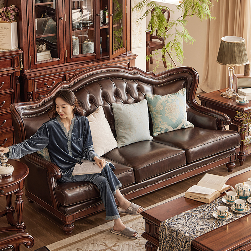 美式新古典金丝柚木牛皮沙发