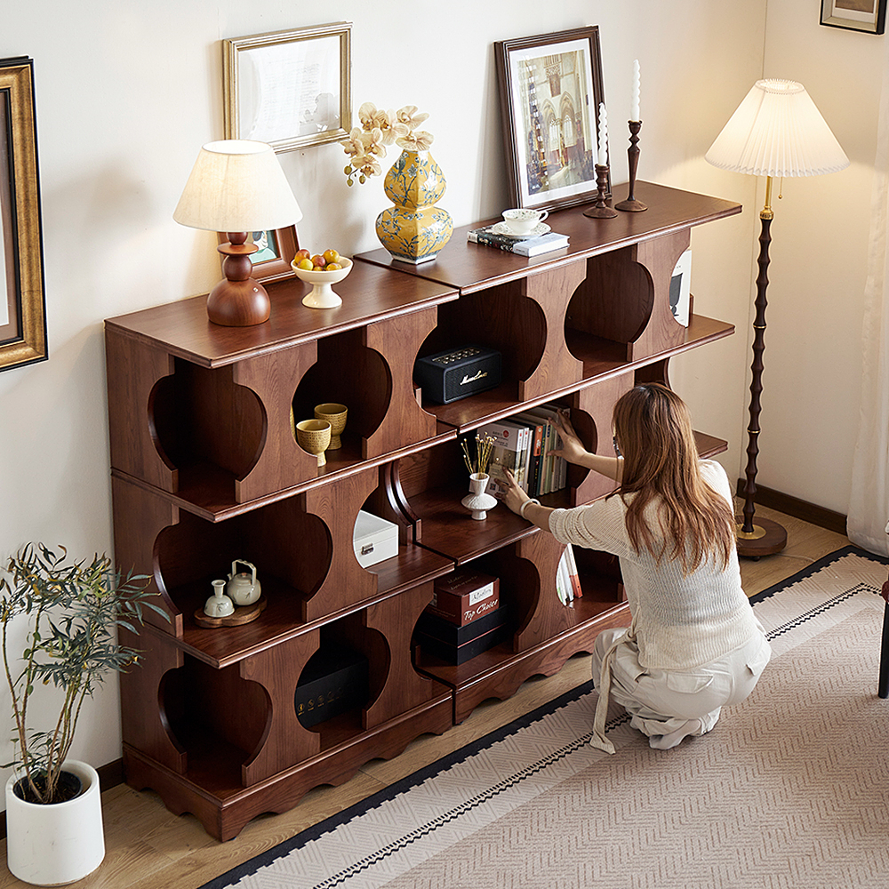 美式中古风红橡木全实木书柜法式复古模块柜自由组合书架展示柜