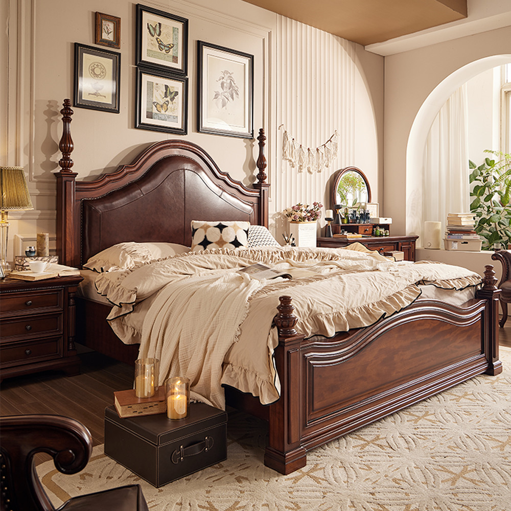 惠家名匠美式新古典实木牛皮床