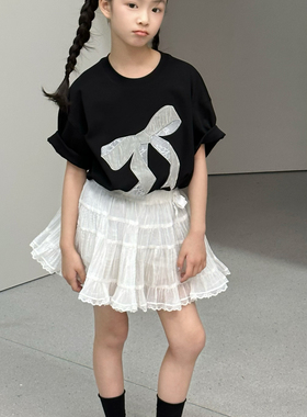 YOUYU KIDS 2025年春夏款蕾丝丝绒蝴蝶结短袖T恤女100-170