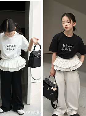YOUYU KIDS 2025年春夏款字母刺绣订珠印花圆领短袖T恤女 100-170