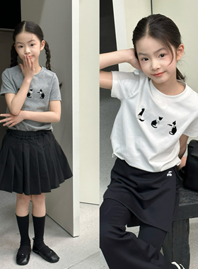 YOUYU KIDS 2025年春夏款小猫钉珠圆领修身短袖T恤女休闲百搭上衣