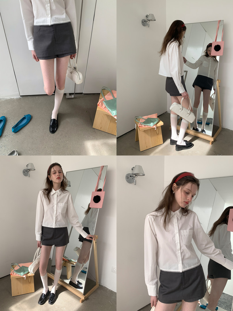 Model wearing a white button-up shirt with a dark mini skirt and loafers in a mirror selfie collage