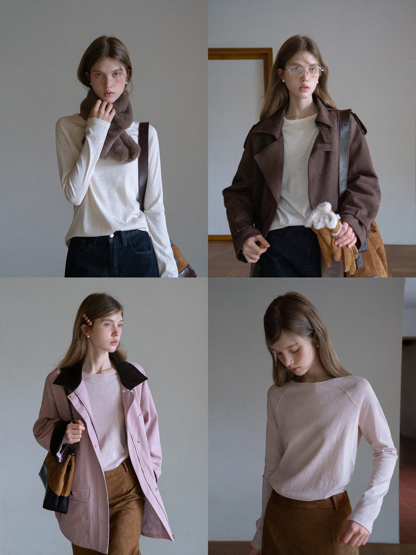 Collage of models wearing neutral-toned fall outfits with knit tops and outerwear