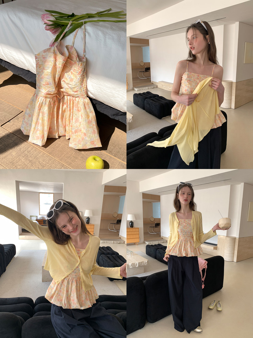 Floral peplum camisole top styled with a light yellow cardigan on a model and flat lay