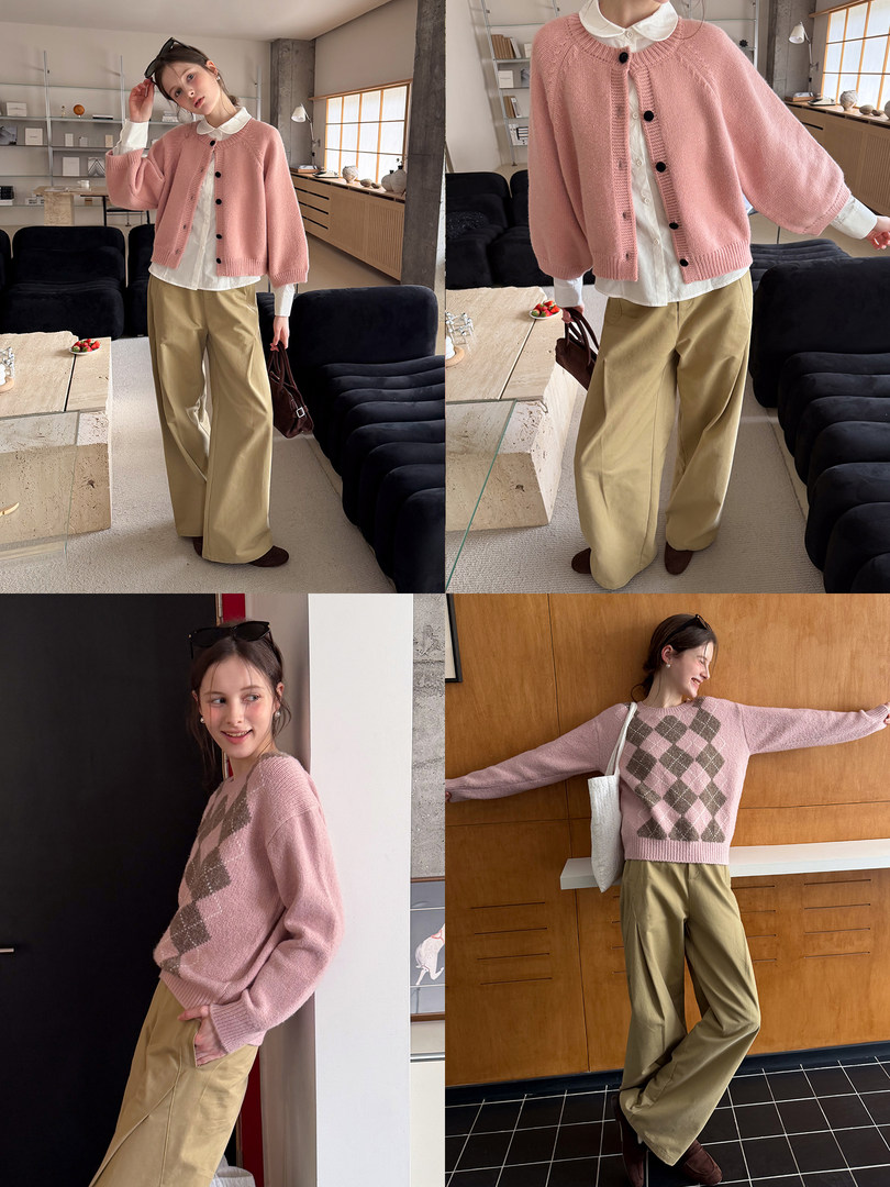 Pink knit cardigan sweater worn over a white shirt with beige wide-leg pants on a model