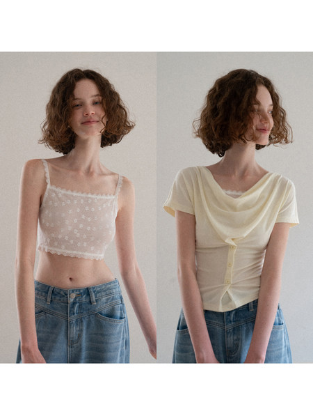 Model wearing two light pastel casual tops with jeans