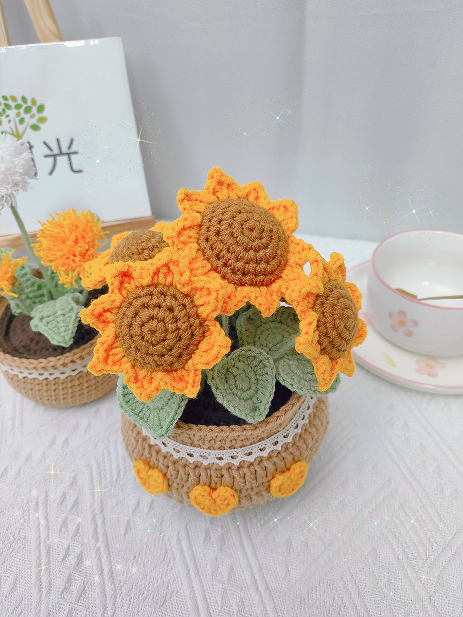 DIY WOVEN SUNFLOWER TULIP LILY OF THE VALLEY POTTED PLANT HANDMADE BOUQUET WOOL CROCHET MATERIAL BAG HOMEMADE DECORATION
