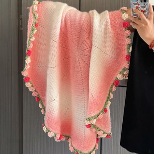 新款梦幻渐变玫瑰花束毯子手工编织毛线钩针织材料包diy自制礼物