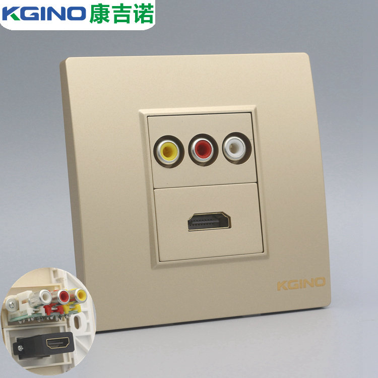 香槟金86型HDMI高清音视频插座 香槟色2.0高清AV三孔莲花直插面板